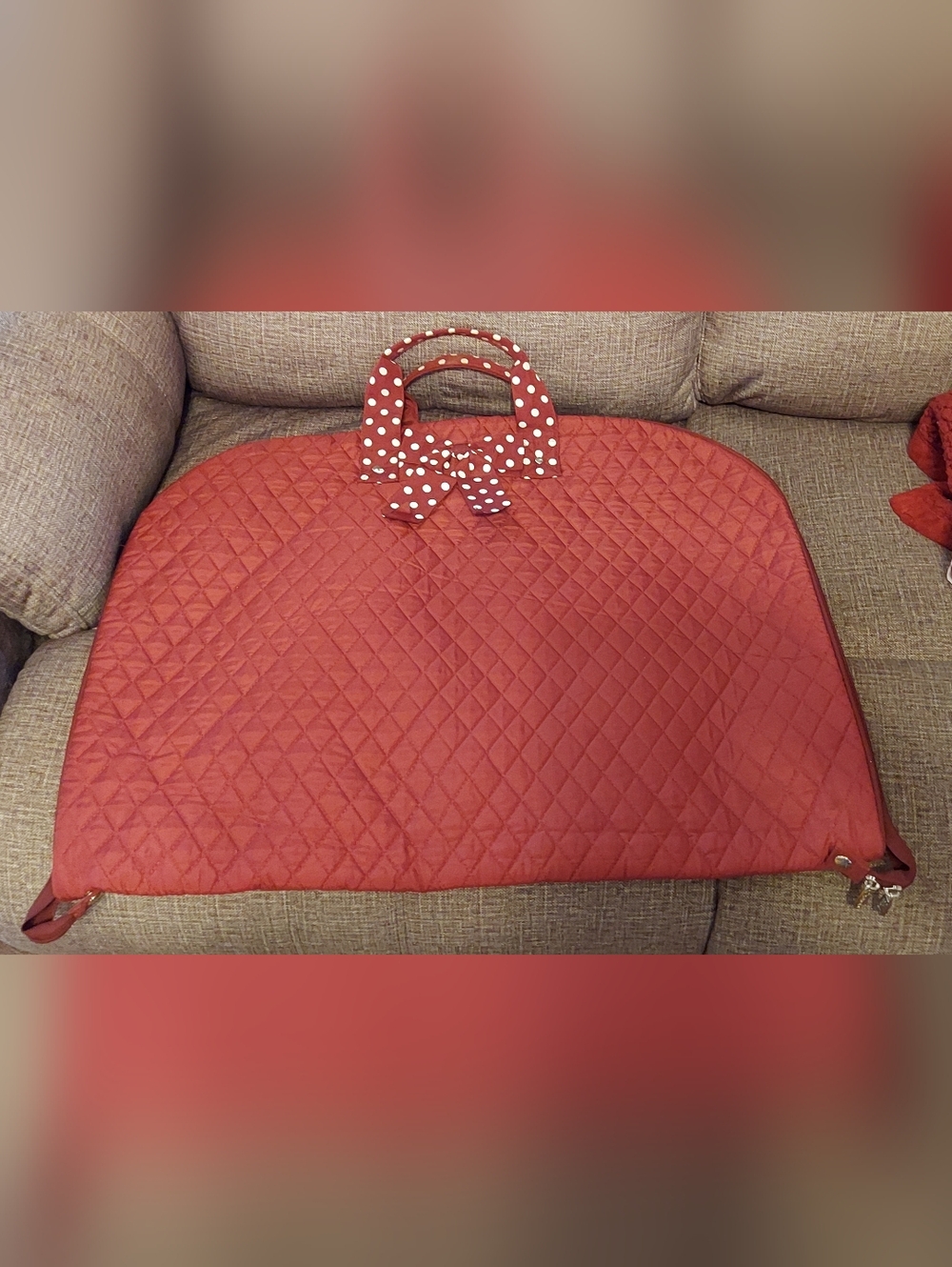 Belvah Quilted Red Travel Garment Bag with Polka Dot Handle Wrap